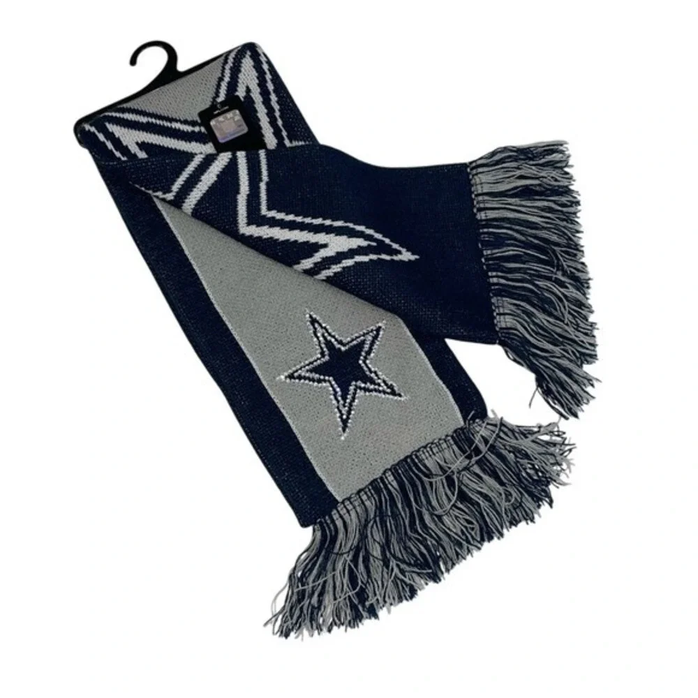NFL‎ Dallas Cowboys Knit Scarf Navy Blue Grey Rhinestone Star Logo Fringe NEW